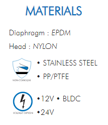 Diaphragm : EPDM  Head : NYLON  • STAINLESS STEEL  • PP/PTFE  •12V • BLDC  •24V