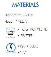 Diaphragm : EPDM  Head : NYLON  • POLYPROPYLENE  • PP/PTFE  •12V • BLDC  •24V