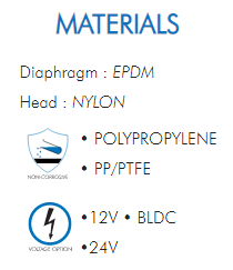 Diaphragm : EPDM  Head : NYLON  • POLYPROPYLENE  • PP/PTFE  •12V • BLDC  •24V