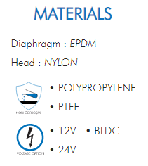 Diaphragm : EPDM  Head : NYLON  • POLYPROPYLENE  • PTFE  • 12V  • BLDC  • 24V