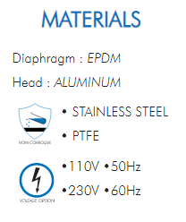 Diaphragm : EPDMHead : ALUMINUM• STAINLESS STEEL• PTFE•110V •50Hz•230V •60Hz