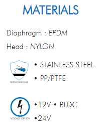 Diaphragm : EPDMHead : NYLON• STAINLESS STEEL• PP/PTFE•12V • BLDC•24V