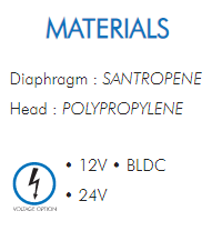 Diaphragm : SANTROPENEHead : POLYPROPYLENE• 12V • BLDC• 24V