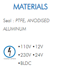 Seal : PTFE, ANODISEDALUMINUM•110V •12V•230V •24V•BLDC