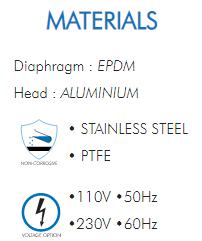 Diaphragm : EPDMHead : ALUMINIUM• STAINLESS STEEL• PTFE•110V •50Hz•230V •60Hz