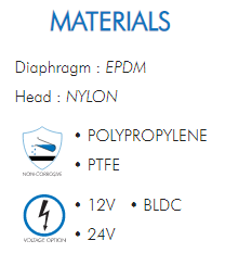 Diaphragm : EPDMHead : NYLON• POLYPROPYLENE• PTFE• 12V  • BLDC• 24V