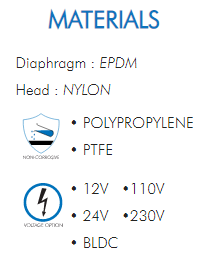 Diaphragm : EPDMHead : NYLON• POLYPROPYLENE• PTFE• 12V  •110V• 24V  •230V• BLDC