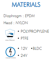 Diaphragm : EPDMHead : NYLON• POLYPROPYLENE• PTFE• 12V  •BLDC• 24V 