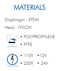 Diaphragm : EPDMHead : NYLON• POLYPROPYLENE• PTFE• 110V  •12V• 230V  • 24V​