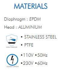 Diaphragm : EPDMHead : ALUMINIUM• STAINLESS STEEL• PTFE•110V •50Hz•230V •60Hz