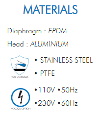 Diaphragm : EPDMHead : ALUMINIUM• STAINLESS STEEL• PTFE•110V •50Hz•230V •60Hz