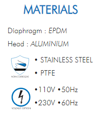 Diaphragm : EPDMHead : ALUMINIUM• STAINLESS STEEL• PTFE•110V •50Hz•230V •60Hz