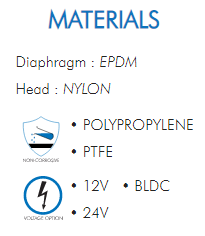 Diaphragm : EPDMHead : NYLON• POLYPROPYLENE• PTFE• 12V  • BLDC• 24V