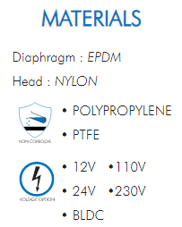 Diaphragm : EPDMHead : NYLON• POLYPROPYLENE• PTFE• 12V  •110V• 24V  •230V• BLDC