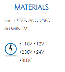 Seal : PTFE, ANODISEDALUMINUM•110V •12V•230V •24V•BLDC