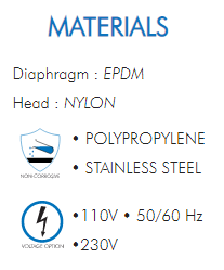 Diaphragm : EPDMHead : NYLON• POLYPROPYLENE• STAINLESS STEEL•110V • 50/60 Hz•230V