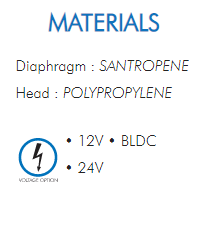 Diaphragm : SANTROPENEHead : POLYPROPYLENE• 12V • BLDC• 24V