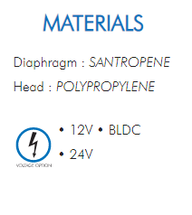 Diaphragm : SANTROPENEHead : POLYPROPYLENE• 12V • BLDC• 24V