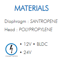 Diaphragm : SANTROPENEHead : POLYPROPYLENE• 12V • BLDC• 24V