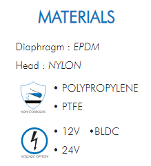 Diaphragm : EPDMHead : NYLON• POLYPROPYLENE• PTFE• 12V  •BLDC• 24V 