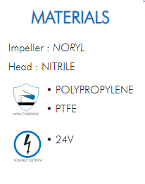 Impeller : NORYLHead : NITRILE• POLYPROPYLENE• PTFE• 24V 