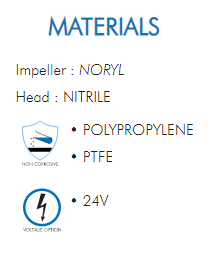 
• 24V​• POLYPROPYLENE• PTFEImpeller : NORYLHead : NITRILE