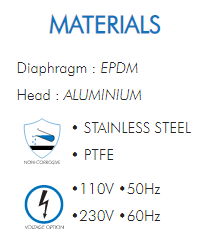 Diaphragm : EPDMHead : ALUMINIUM• STAINLESS STEEL• PTFE•110V •50Hz•230V •60Hz