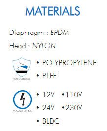 Diaphragm : EPDMHead : NYLON• POLYPROPYLENE• PTFE• 12V  •110V• 24V  •230V• BLDC