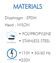 Diaphragm : EPDMHead : NYLON• POLYPROPYLENE• STAINLESS STEEL•110V • 50/60 Hz•230V