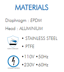 Diaphragm : EPDMHead : ALUMINIUM• STAINLESS STEEL• PTFE•110V •50Hz•230V •60Hz