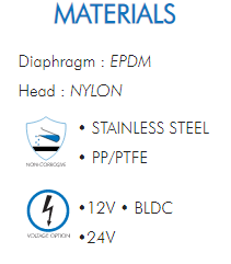 Diaphragm : EPDMHead : NYLON• STAINLESS STEEL• PP/PTFE•12V • BLDC•24V