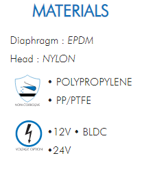 Diaphragm : EPDMHead : NYLON• POLYPROPYLENE• PP/PTFE•12V • BLDC•24V