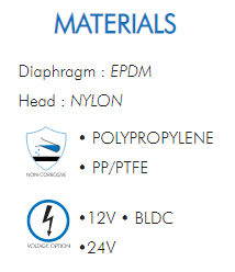 Diaphragm : EPDMHead : NYLON• POLYPROPYLENE• PP/PTFE•12V • BLDC•24V