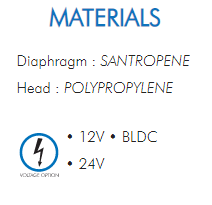 Diaphragm : SANTROPENEHead : POLYPROPYLENE• 12V • BLDC• 24V