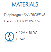 Diaphragm : SANTROPENEHead : POLYPROPYLENE• 12V • BLDC• 24V