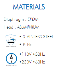 Diaphragm : EPDMHead : ALUMINIUM• STAINLESS STEEL• PTFE•110V •50Hz•230V •60Hz